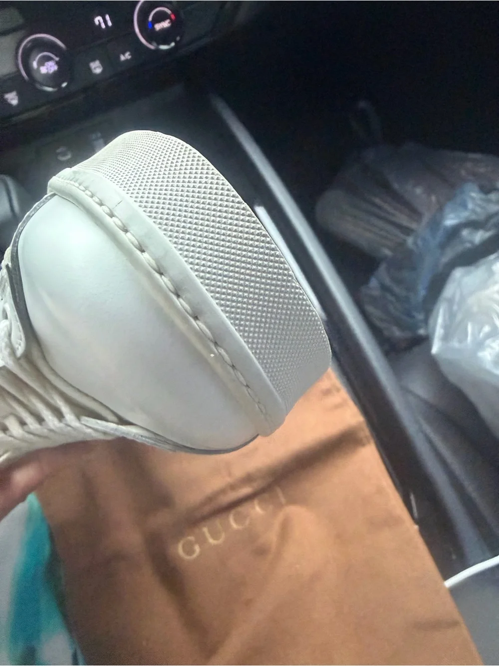 Gucci White Leather Sneaker with Red & Navy Web Stripe